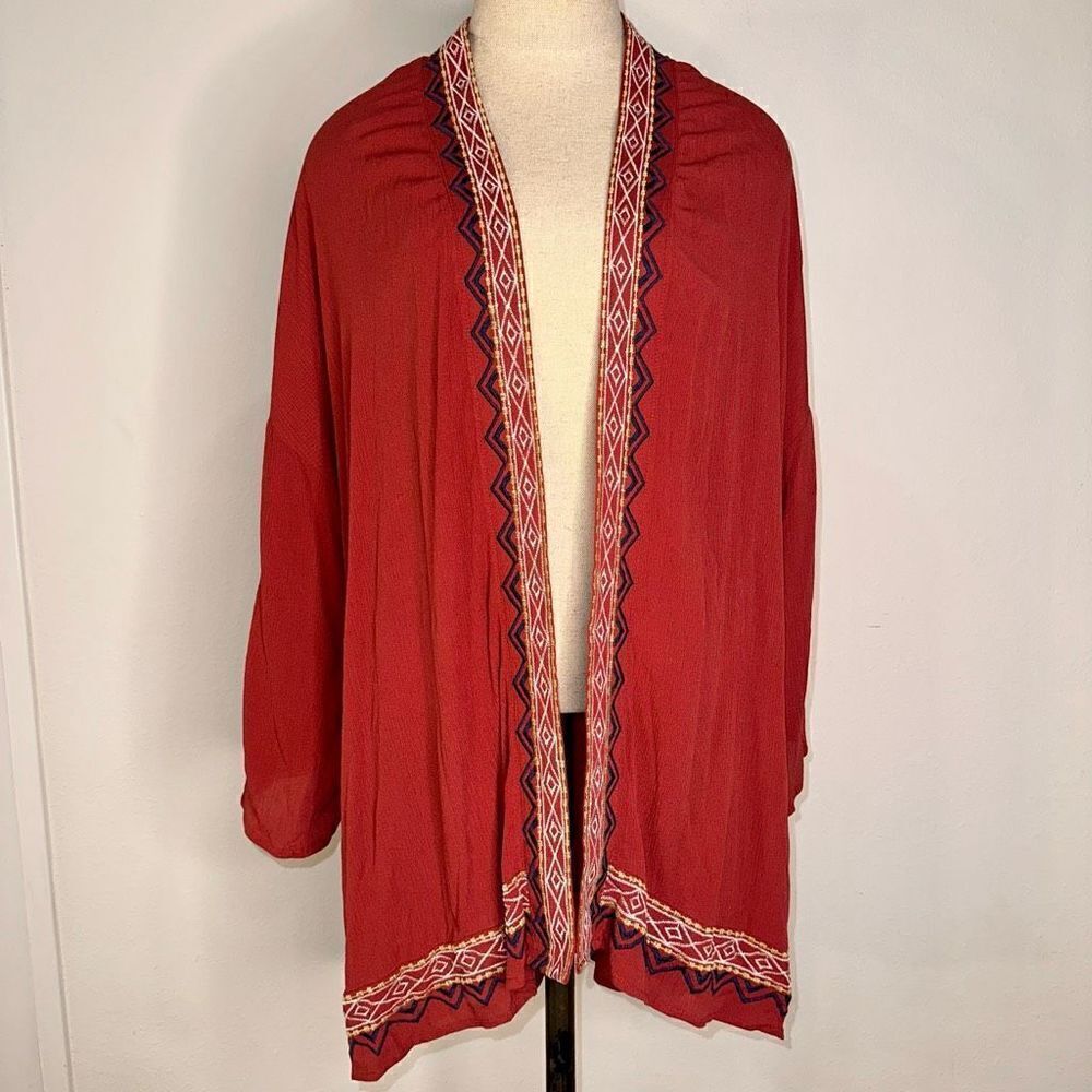 Artesia‎ Womens M Burnt Coral Gauzy Boho Embroidered Open Front Flowy Cardigan